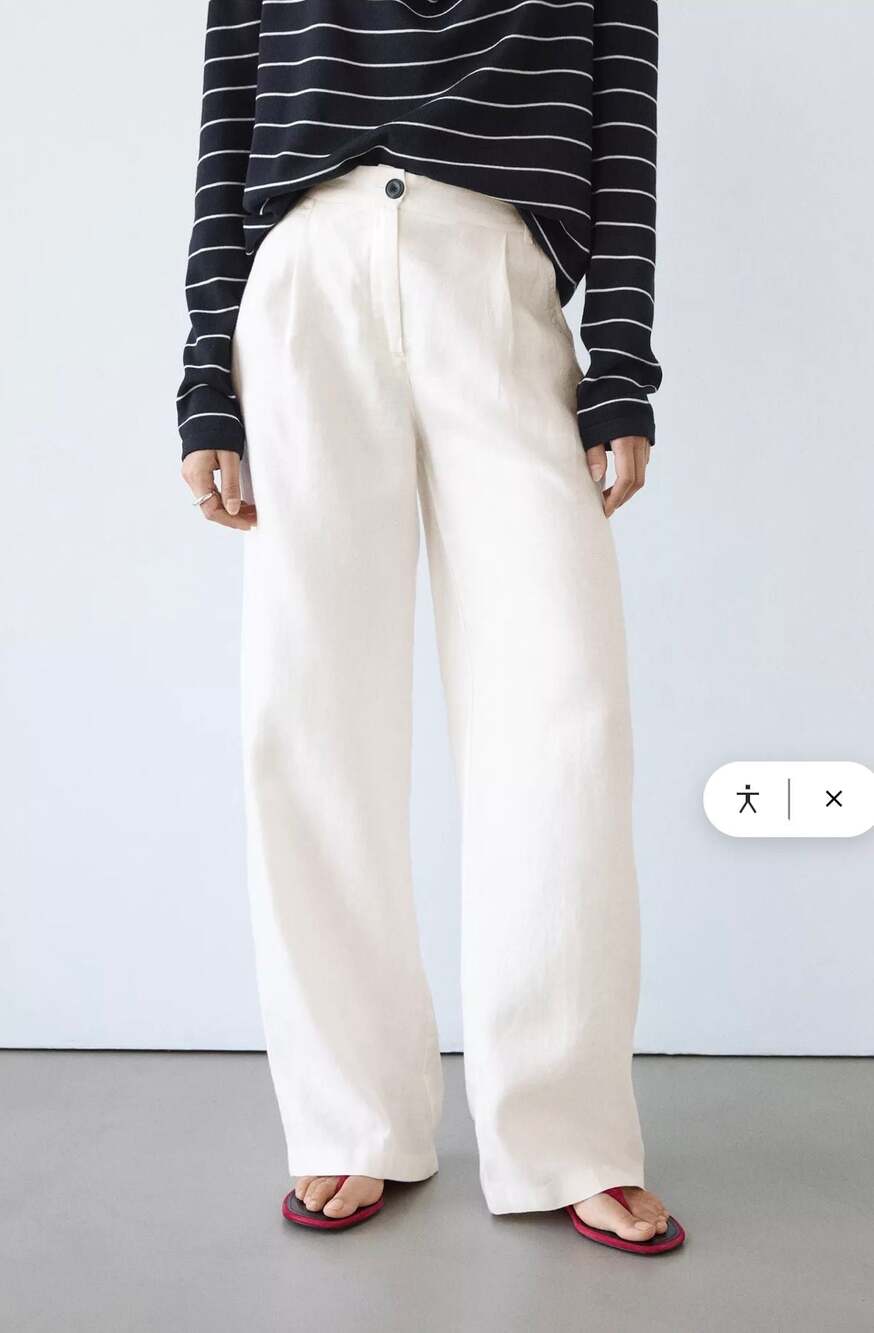 Massimo Dutti Off White Pleated Linen Wide-Leg Trousers